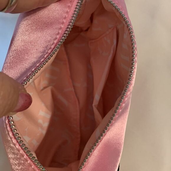 Truly small handbag/clutch.  Pink satin with rhinestone letters on black strap - Picture 8 of 8